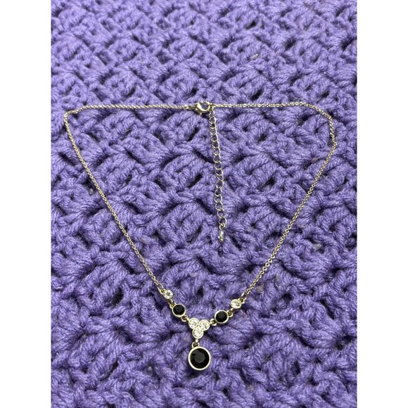Black and Clear Rhinestone Necklace Dainty Minimalist Goldtone Chain 16 - 19 inc - Picture 2 of 3
